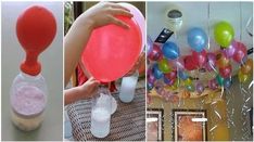 there are balloons and other items in this collage, including an air filled bottle