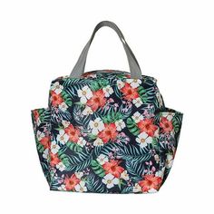 an image of a flowered bag with two compartments on the front and one in the back