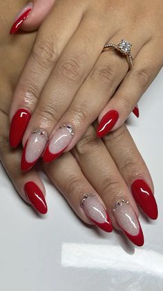 Almond Nails Red French Tip, Nails To Go With Red Dress, Red Almond French Nails, Hoco Nails Red, Elegant Christmas Nails Classy, Red Hoco Nails, Red Almond Nails, Almond Nails Red, Red Hoco