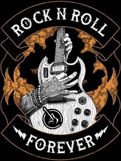 the logo for rock'n roll forever with a guitar in front of an ornate frame