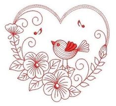 a red bird sitting on top of a heart with flowers and music notes in it