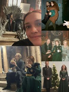 the cast of game of thrones posing for pictures in front of their christmas tree