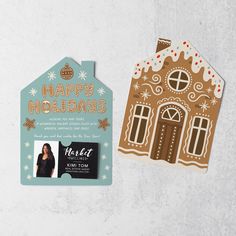 a holiday card with a gingerbread house on it next to a christmas ornament