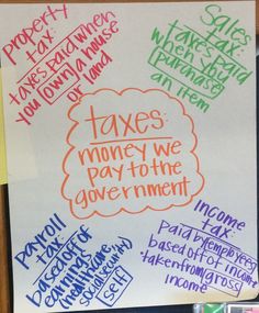 a piece of paper with words written on it that say taxes, money we pay to the government