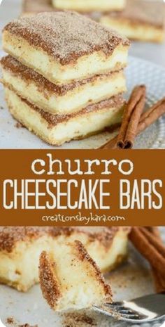 the best recipe for churro cheesecake bars with cinnamon sugar on top and in between