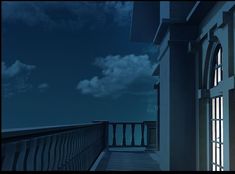 an empty balcony at night with the moon in the sky and clouds above it on a cloudy day