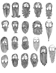 a bunch of different types of beards drawn in black and white ink on paper