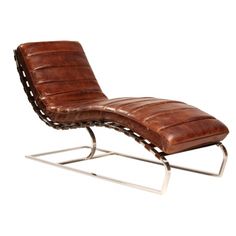 a brown leather chaise lounge chair with chrome legs and foot rest on a white background