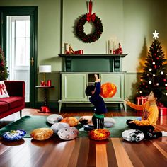 two children sitting on the floor in front of a christmas tree