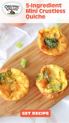 broccoli and cheese mini crusts on a cutting board with text overlay