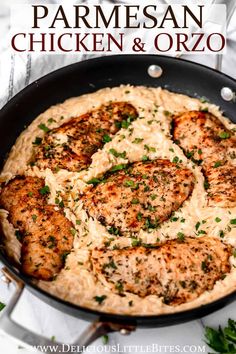 chicken and orzo with parmesan sauce in a skillet