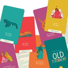 six different colored cards with the words old testaments on them and images of jesus