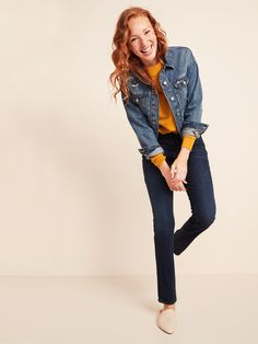 "Power Slim Straight, our newest fit, has a clean, straight cut & rigid denim with just enough stretch.  Universally flattering on all shapes, including straight or curvy.  Button closure and zip fly.  Riveted scoop pockets and coin pocket in front; Jeans For Women, Slim Straight Jeans, Old Navy Women, Dark Wash Denim, Straight Cut, Straight Jeans, Old Navy, Mid Rise, Denim Jacket