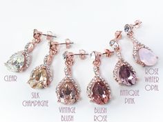 "Blush rosegold drop earrings or pendant necklace with 14mm Swarovski crystal center jewels bordered by a halo of pave set clear Swarovski crystals. The first photo shows #4, Vintage Rose Blush on Rose Gold plating. We can customize these earrings in other tones of blush or any shade to match your color theme. Just refer to the numbered color chart to personalize with the perfect shade of Swarovski crystal! The earrings can be finished in your choice of pierced or clip-on with hinged backs that Blush Necklace, Rose Gold Wedding Jewelry, Rose Gold Bridesmaid, Wedding Jewelry Set, Gold Wedding Jewelry, Blush Rose, Prom Jewelry, Drop Pendant Necklace, Etsy Bridesmaid Gifts