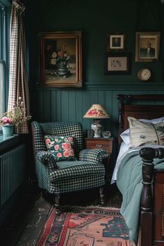 A beautifully styled dark bedroom with vintage furniture, moody lighting, and earthy tones, showcasing the charm of a dark cottagecore aesthetic bedroom and inspiring cozy cottagecore ideas for unique bedroom ideas.