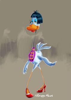 a cartoon bird wearing high heeled shoes and carrying a purse on its head, walking in the rain