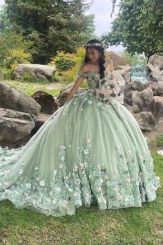 Green Ball Gown Dress, Sage Quinceanera, Sage Green Ball Gown, Charro Quince, Green Quinceanera Dresses, Green Ball Gown, Green Quince, Off Shoulder Evening Dress