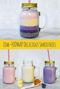 three jars with different colored smoothies in them and the words low - fodmap delicious smoothies