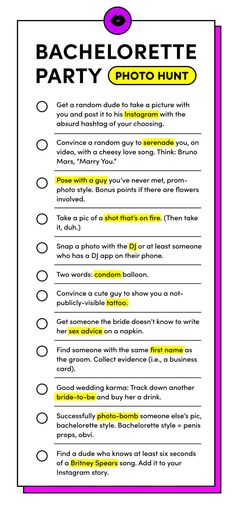 the bachelor party photo hunt checklist is shown in purple and yellow with black letters