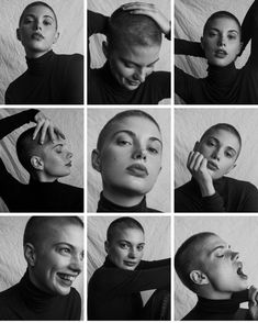 black and white images of people with shaved hair, one woman has her hand on her head