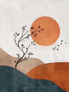 a painting of a tree with birds flying in front of an orange and blue sky