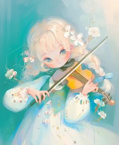 a painting of a girl playing the violin with white flowers in her hair and dress