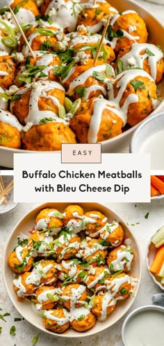 buffalo chicken meatballs with blue cheese dip in a bowl and on a plate next to other side dishes