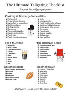 the ultimate tailgating checklist for your favorite party food, drinks and snacks are on this list