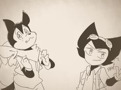 two black and white drawings of cartoon characters