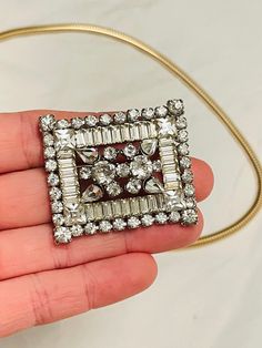 "1.75x1.5\" Excellent condition" Vintage Diamond Jeweled Jewelry, Vintage Jewelry With Diamond Accents, Vintage Rhinestone Jewelry For Formal Occasions, Vintage Jeweled Jewelry For Evening, Vintage Formal Jewelry With Rhinestones, Art Deco Rhinestone Jewelry For Formal Occasions, Rectangular Crystal Jewelry For Evening, Vintage Diamond Jewelry For Evening, Rectangular Silver Glamorous Jewelry