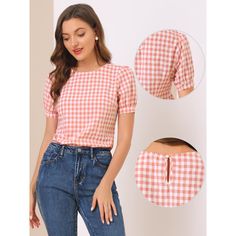 Made of lightweight woven, this versatile top is a summer staple that can be styled with just about anything and it suits many occasions. With a regular silhouette, this cute summer staple gingham top features a crew neck, puff short sleeves, buttoned cuffs, and a slightly boxy shape. Short puff sleeves and a keyhole enhance the casual style of this sweet plaid blouse. Summer Gingham, Vintage Crew Neck, Gingham Blouse, Peter Pan Collar Shirt, Gingham Top, Cap Sleeves Blouse, Ruffle Sleeve Blouse, Gingham Tops, Sleeve Packaging