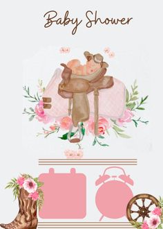 a baby shower card with boots and flowers