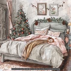 a watercolor painting of a bedroom with a christmas tree in the corner and presents on the bed