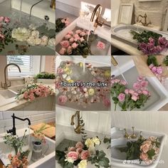 flowers in the sink are being washed and put into vases with water on them