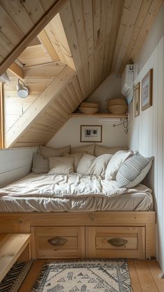 a bed sitting under a wooden roof next to a window in a room with white walls