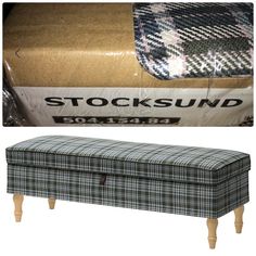 an upholstered storage bench in the shape of a shoe box with plaid fabric on it