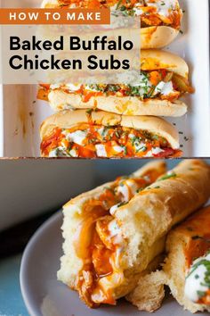 baked buffalo chicken subs with text overlay