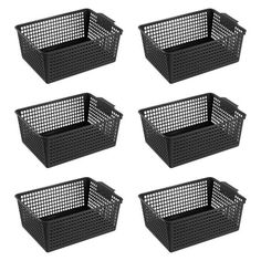 six black plastic storage baskets with handles