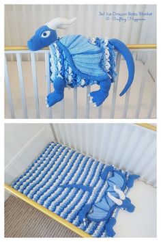 a crocheted blue and white baby bedding set with a dragon on it