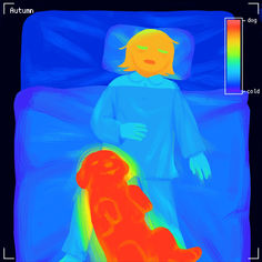 an image of a child and a dog on a bed with the temperature chart below