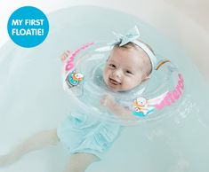 a baby is floating in an inflatable pool wearing a blue dress and headband