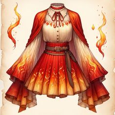 a drawing of a dress with flames on the skirt and sleeves, as well as a red cape