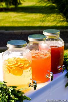 three mason jars filled with liquid sitting on top of a table next to green plants