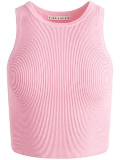 light pink fine ribbed round neck sleeveless straight hem cropped Spring Cropped Tops With Ribbed Neckline, Solid Color Cropped Knit Top, Pink Ribbed Fitted Knit Top, Fitted Pink Ribbed Knit Top, Fitted Ribbed Pink Knit Top, Chic Fitted Tank Top With Cropped Hem, Trendy Pink Fitted Crop Top, Solid Cropped Knit Top For Spring, Spring Cropped Stretch Knit Top