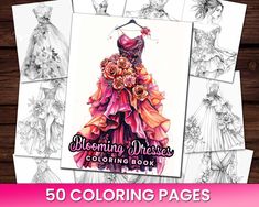 the coloring book for women's wedding dresses is on display in front of a wooden background