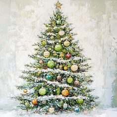 a painting of a christmas tree with ornaments on it