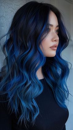 15 Different Ear Length Hairstyles for Women Hair Color Black And Blue, Hair Color Ideas Blue Black, Highlights For Front Of Hair, Brunette Blue Highlights, Hair Dye Blue Highlights, Dyed Hair Black And Blue, Half Curly Half Straight Hair, Curly Hair Colour Ideas Highlights, Blue Balayage Hair Brunettes