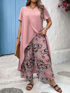 Summer Cotton Pant Set With Printed Motifs, Cotton Sets With Wide-leg Pants For Summer, Casual Wide-leg Pants Set, Cotton Summer Sets With Wide-leg Pants, Bohemian Wide-leg Sets For Summer, Co Ords Outfits, Floral Print Pants, Plus Size Two Piece, Jumpsuit Elegant