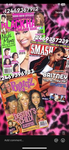 the covers of various magazines are displayed on a cell phone screen, with pink and black spots