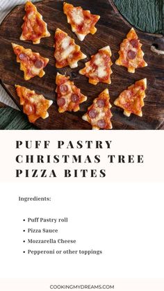 pizza slices on a wooden cutting board with the words, puff pastry christmas tree pizza bites